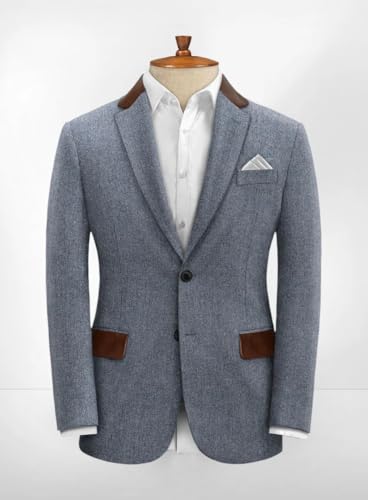 VENNYNG Men's Wedding Party Tweed Suits with PU Leather Retro Vintage Formal Herringbone Blazer Pant Set 2 Piece4