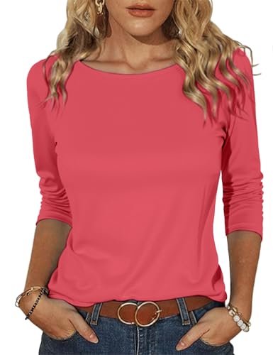 Totatuit Donna T-Shirt Cotone con Scollo a Barchetta Manica a 3/4 Maglietta vestibilità Larga Casual Maglia Basic Elasticizzato Rosso Malva XL