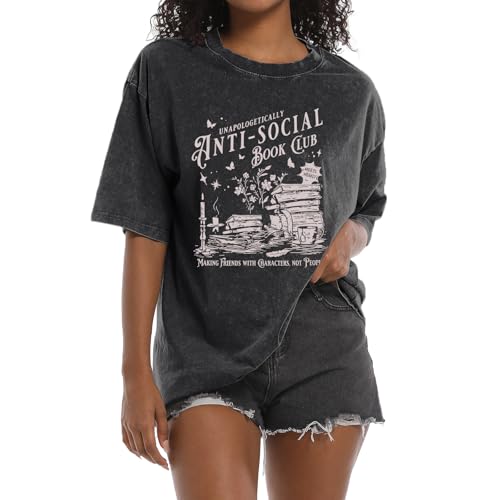 Reuseket Book Shirts for Women Anti Social Book Club Graphic Tees Bookish Teacher Acid Wash Tshirt Bookworm Aesthetic Shirt(Black M)