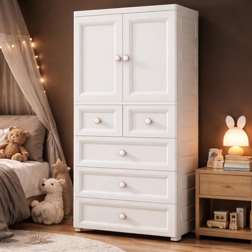 Image of AYSIS Kids Plastic Collapsible Wardrobe Organizer for Storage with Drawers | Cute Cartoon Design | Heavy Duty Cloth Organizer for Storage | Easy to Assemble | Perfect for Kids Room & Home | European