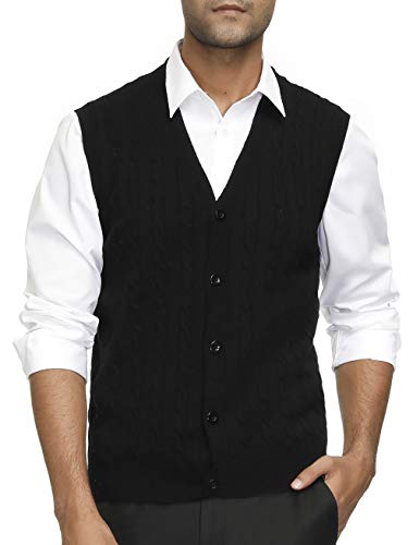 Men's Sweater Vest Cable Stitch Knitted V-Neck Cardigan Vest with Pocket Black L