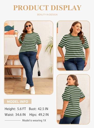 Image of Eytino Women Plus Size Sweater Tops Short Sleeve Crewneck Striped Tshirts Casual Summer Blouses Shirts(1X-5X)