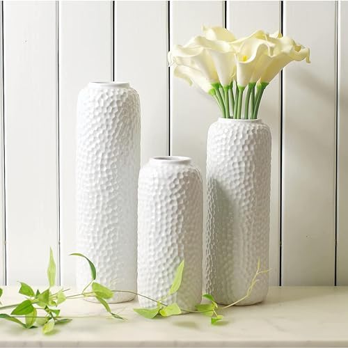Hosley Set of 3 White Ceramic Honeycomb Vase Tall 12 Inch Medium 10 Inch Short 8 Inch High Each. Ideal Gift for Wedding Special Occasion Dried Floral Arrangements Home Office Spa