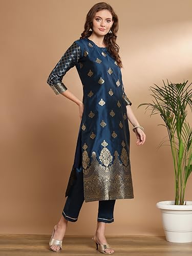 Image of VredeVogel Women's Cotton Silk Jacquard, Banarasi Silk Kurta Pant With Dupatta Set