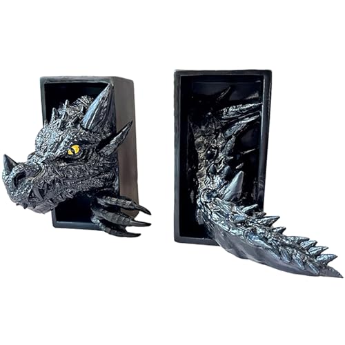 2 fermalibri a forma di drago, design 3D, si apre dallo scaffale da utilizzare tra libri o su un'estremità di una libreria o un angolo del libro Fantasy Dragon Decor gotico medievale scaffali
