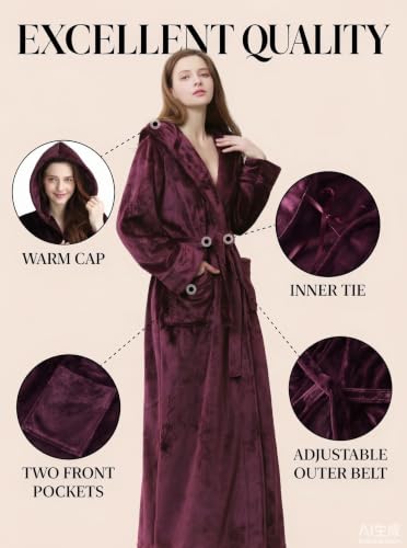Image of Hellomamma Long Hooded Robe for Women Luxurious Flannel Fleece Full Length Bathrobe Winter Warm Pajamas Shower Nightgown