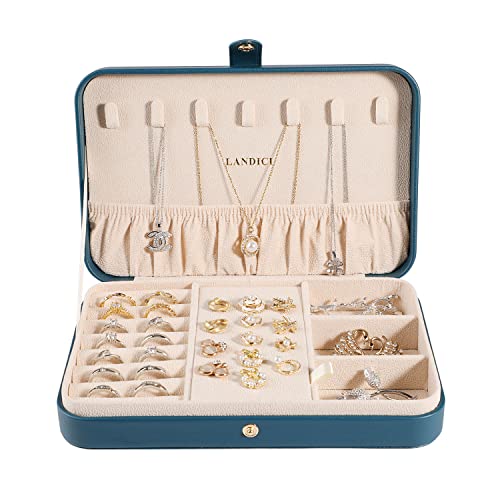 L&Ici Small Jewelry Box For Women Girls, Pu Leather Travel Jewelry Organizer Case, Storage Holder Display For Ring Earrings Necklace Watch Men Kids Gift, Bluish Green 8.26(L)X5.5(W)X1.7(H) Inch #TOP1