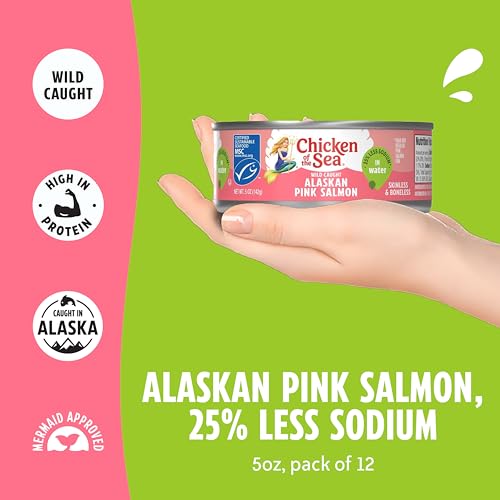 Image of Chicken of the Sea Alaskan Pink Canned Salmon in Water with 25% Less Sodium, 5oz Cans, 12-Count - High Protein Skinless, Boneless Wild Caught Salmon - Delicious Wild Salmon for Burgers, Pasta, More