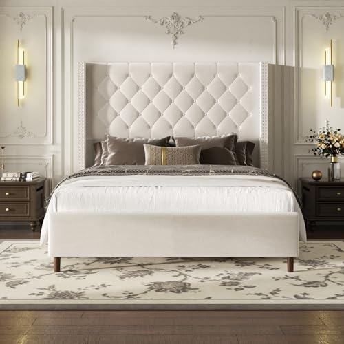Queen Size Bed Frame, Upholstered Platform Bed with 62" Tall Wingback Headboard, Velvet Modern Luxury Design, No Box Spring Needed, Easy Assembly, Noise Free, Beige