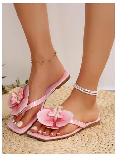 GORGLITTER Women's Flower Flat Sandals Dressy Flip Flops Square Open Toe Thong Vacation Summer 2025 Slides Shoes3