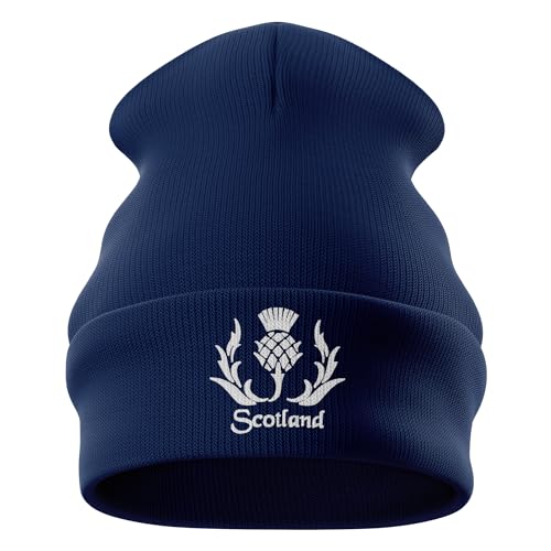 Purple Print House Embroidered Scottish Thistle Beanie Men Women Scotland Rugby Supporters Nations Winter Hat, One Size, Navy