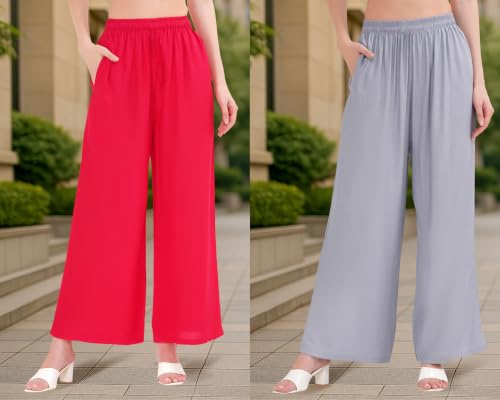 Image of Buy That Trendz Palazzo Pants for Women Rayon Elasticated Regular Fit Flared Wide Leg M to 6XL Pack of 2