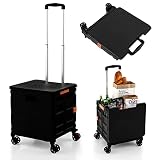 COSTWAY 55 L klappbarer Einkaufstrolley, Einkaufswagen mit 4 Universalrädern & erweiterbarer obere Abdeckung & höhenverstellbarem Griff, tragbarer Handwagen aus PP & Alu, 80kg belastbar (Schwarz)
