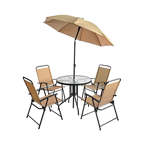 Amazon Basics 6-Piece Sling Folding Patio Dining Set with Glass Table Top and Umbrella - Tan