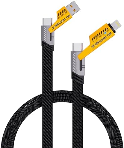Nu Republic Blaze Fusion-Q 100W 4-In-One 1.2 M USB-A To Type-C To Type-C + Type-L Metal Connector Fast Data Charging Carbon Texture Braided Cable For Personalcomputer (Black & Yellow, One Cable), 1.2M