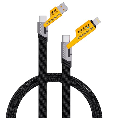 Nu Republic Blaze Fusion-Q 100W 4-In-One 1.2 M USB-A To Type-C To Type-C + Type-L Metal Connector Fast Data Charging Carbon Texture Braided Cable For Personalcomputer (Black & Yellow, One Cable), 1.2M