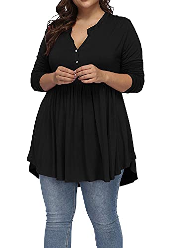 Allegrace Women's Plus Size Henley V Neck Button Tunic Tops Long Sleeve Swing Flowy Shirts Black 2X #TOP3
