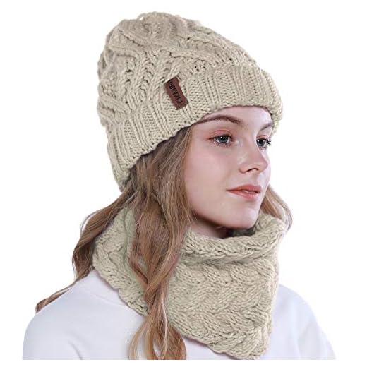 vamei Kvinnor mössa hatt halsduk set mjuk stretch stickad mössa damer stickad cirkel halsduk utomhus tjock varm vintergåva för kvinnor, BEIgE,