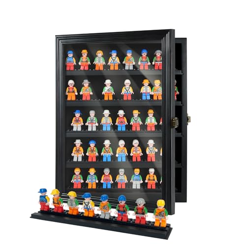 Minifigure Display Case for Lego Display Case, Miniature Display Case with HD Tempered Glass and Removable Shelves, Action Figure Display Case for Wall and Desk Display Door Lockable Black