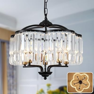 Yidelloc Modern Crystal Chandelier for Dining Room - Adjustable 5 Lights Black Farmhouse Pendant Light Fixture Hanging for Foyer Bedroom Living Room Hallway Kitchen
