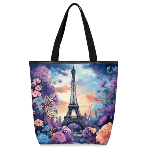Paris Tower Flower Canvas Tote Bag for Women Large Tote Bag with Zipper & Pockets Canvas Beach Bag Shoulder Bag Reusable Shopping Bags Cute Tote Bags for Work Travel
