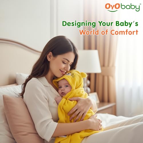 Image of OYO BABY Fleece Newborn Baby Blanket Combo - Hooded Baby Wrapper with Funny Cap, Bath Towel & Blanket (0-12 Months, Pink Kitty & Yellow Tiger, Pack of 2)