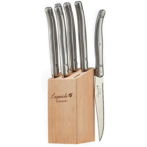 Laguiole By FlyingColors Steak Knife Set. Wood Block, Color Handle, 6 Pieces (Stainless Steel) Cover