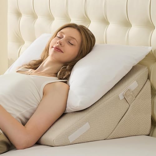 Image of Sasttie Wedge Pillow for After Surgery, Adjustable Bed Wedge Pillow Headboard for Acid Reflux, Sleeping, Neck & Back Support, with Removable Cover, Beige