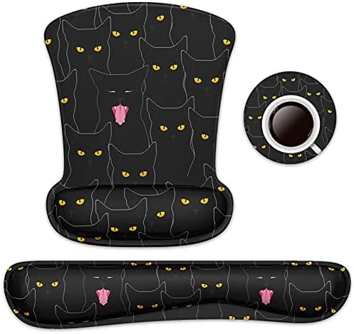 Wrist Rest Support Ergonomic Gel Mouse Pad & Memory Foam Keyboard Set Non-Slip Rubber PU Base Easy Typing and Relieve Wrist Pain Mouse Mat for Computer Office - Black Cats