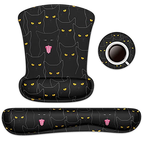 Wrist Rest Support Ergonomic Gel Mouse Pad & Memory Foam Keyboard Set Non-Slip Rubber Pu Base Easy Typing And Relieve Wrist Pain Mouse Mat For Computer Office - Black Cats #TOP3