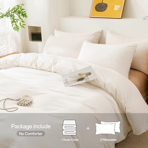 Image of ECOCOTT 100% Washed Cotton Duvet Cover Twin Size - Soft & Breathable Linen Feel Bedding Set, 3 Pieces White Comforter Cover with Zipper Closure for All Seasons