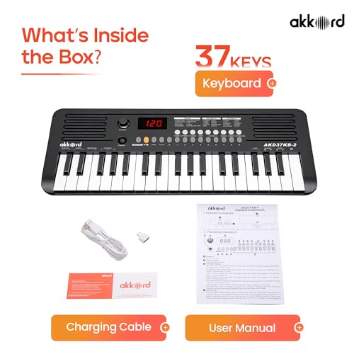 Image of Akkord 37 Keys Music Keyboard - Red Edition | 20 Rhythms, 10 Tones & 10 Demos, LED Display, Portable Beginner Piano Compatible | Kids, Beginner Keyboard with USB-C Cable (Without Adapter and MIDI)