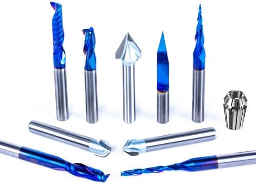 FoxAlien 1/4" Shank 3D Carving Router Bits Set, Includes 1/4" ER11 Collet, V-Groove Bits, Spiral End Mills, Tapered Bit for Wood Relief Carving Woodworking Lettering (10-in-1)