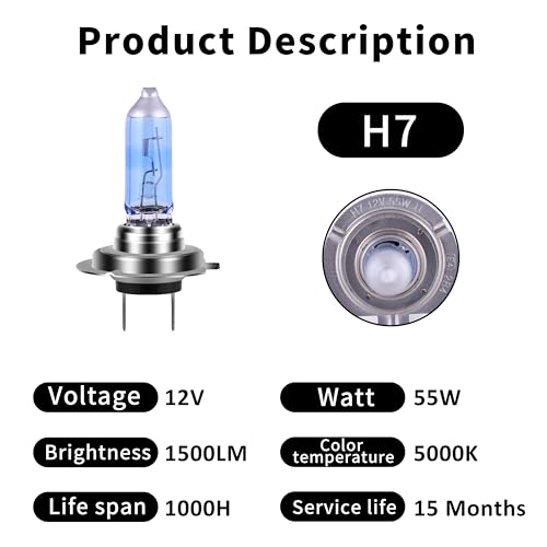 Image of H7 Headlight Bulb Halogen Headlight Bulb 5000K Super White Light Long Life Replacement PX26D 12V /55W (H7, 2 Pack)