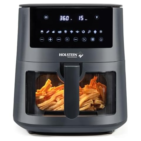 Holstein Housewares 7.6QT Digital Air Fryer with viewing window and led display with 7 preset options. Fry, bake, grill, dehydrate, and roast healthier recipes. Dishwasher Safe Cover