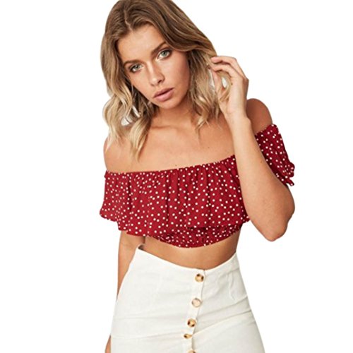 Crop Tops Chaleco Sexy para Mujer blusaCamiseta sin Tirantes Mujer Tank Tops sin Hombros Polka Dot Casual Blouse Sujetadores Deportivos Yoga Fitness Camiseta Muje(Rojo, XL)