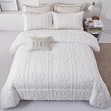 Luxudecor White Tufted Comforter Set King Size Boho Textured Comforter Shabby Chic Embroidery Bedding Set 3 Pieces Ultra Soft Comforter for All Seasons (White, 104''x90'')