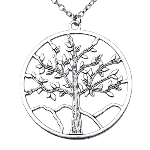 Grand pendentif en arbre pour femmes et hommes collier antique argenté à longue chaîne