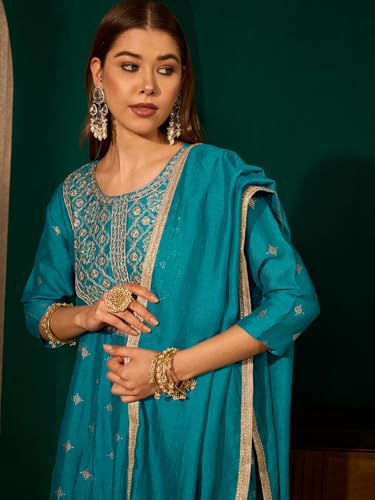 Image of Naixa Women'sSilk Embroidered Printed A-Line Kurta with Pant |Silk Laced Dupatta Set | 3 /4 Sleeve | Round Neck | Festive (Available in Plus Size)