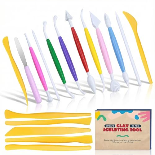 DUGATO Clay Sculpting Tools (17pc Set) - Double-Sided Plastic Modeling Kit for Polymer Clay, Pottery, Fondant & Cake Decorating - Art & Craft Supplies for Beginners & Artists