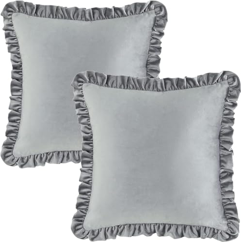 Image of Velvet Silver 16x16 Pillow Covers, Set of 2 Decorative Ruffle Cushoin Pillow Covers for Sofa Couch