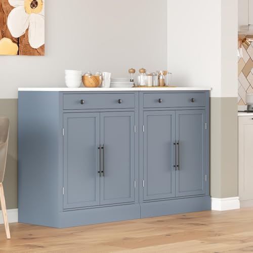 Image of Modern Freestanding Kitchen Pantry,Buffet Food Storage, Coffee Bar Cabinet with Drawer, 2 Adjustable Shelves and 2 Door Shelves for Dining, Kitchen, White (Gray + MDF + Farmhouse-1)