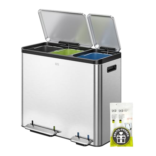 EKO Ecocasa Afvalemmer met 3 vakken, 3 x 15 liter, pedaalemmer voor keuken, met deksel, zachte en luchtdichte sluiting, 3 vakken selectief scheidingssysteem met handgreep, van staal