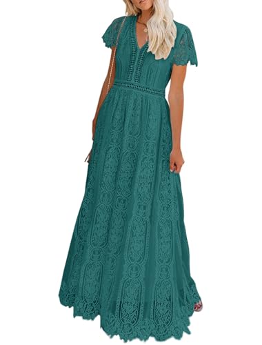MEROKEETY Women's V Neck Short Sleeve Floral Lace Wedding Dress Bridesmaid Cocktail Party Maxi Dress