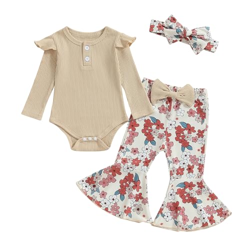 Image of Fernvia Newborn Infant Baby Girl Clothes Ruffle Ribbed Long Sleeve Romper Floral Pants 3 6 9 12 18 Months Fall Winter outfits