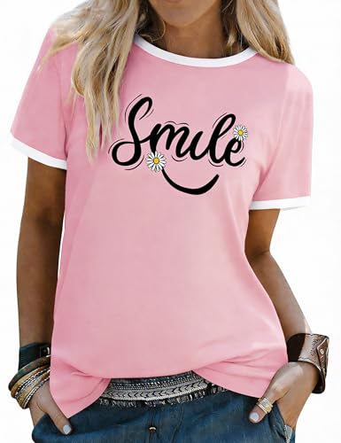 Aottori Camisetas Mujer Manga Corta Top Verano con Estampado Sonrisa Flor Margarita Cuello Redondo Blusa Casual Suelta Básica Rosa L