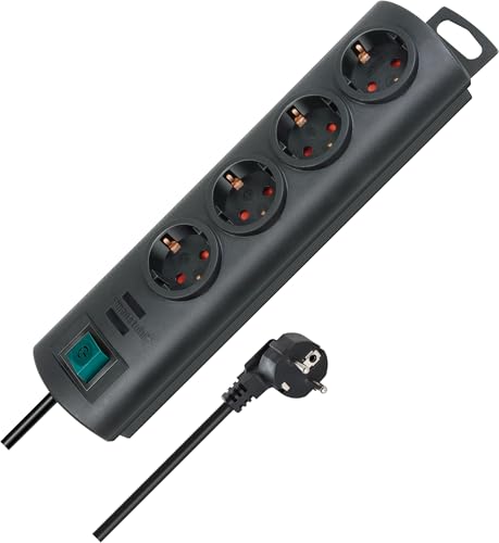 Brennenstuhl Primera-Line Steckdosenleiste 4-Fach (Mehrfachsteckdose mit Schalter und 1,5m Kabel, 90&deg; Anordnung der Steckdosen) schwarz