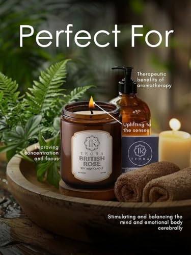 Image of Teora By Bindian Luxury Soy Wax Scented Candle in Amber Glass Jars | 220g Each | 45H Long Burn Time | Natural Smokeless Wax for Home Decor, Spa & Aromatherapy Candles (British Rose)