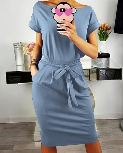 Image of PRETTYGARDEN Women's Summer Short Sleeve Crewneck Striped Dress Basic Solid Tie Waist Office T Shirt Dresses Pockets