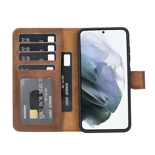 Genuine Premium Leather Handmade Wallet Case for Samsung S24 - Detachable Strong Magnetic Flip Cover with Card Holders and Kickstand - Perfect Protection for All Edges (Brown)